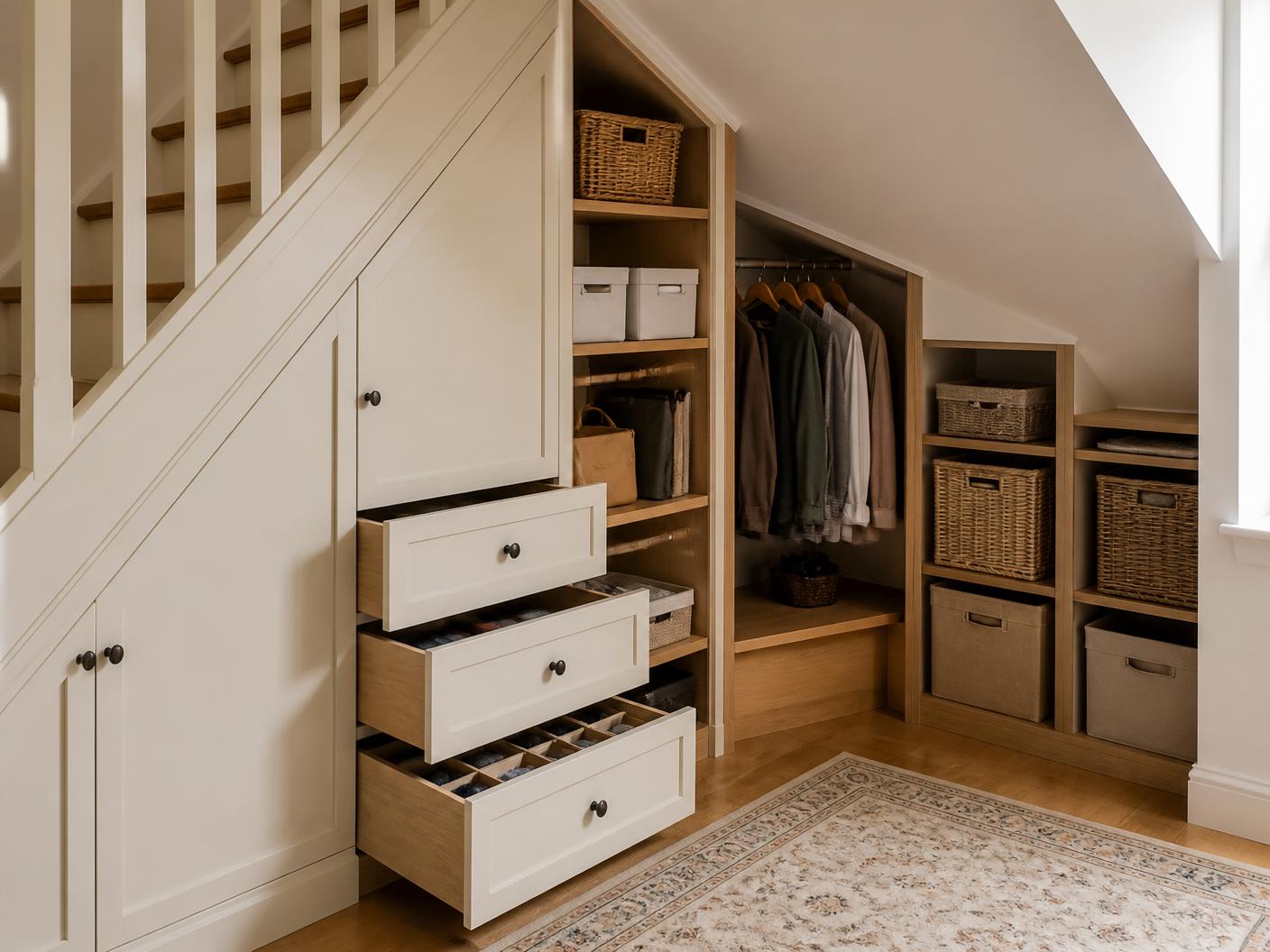 Custom storage built under a staircase and sloped ceiling with drawers, bins and a hanging rod