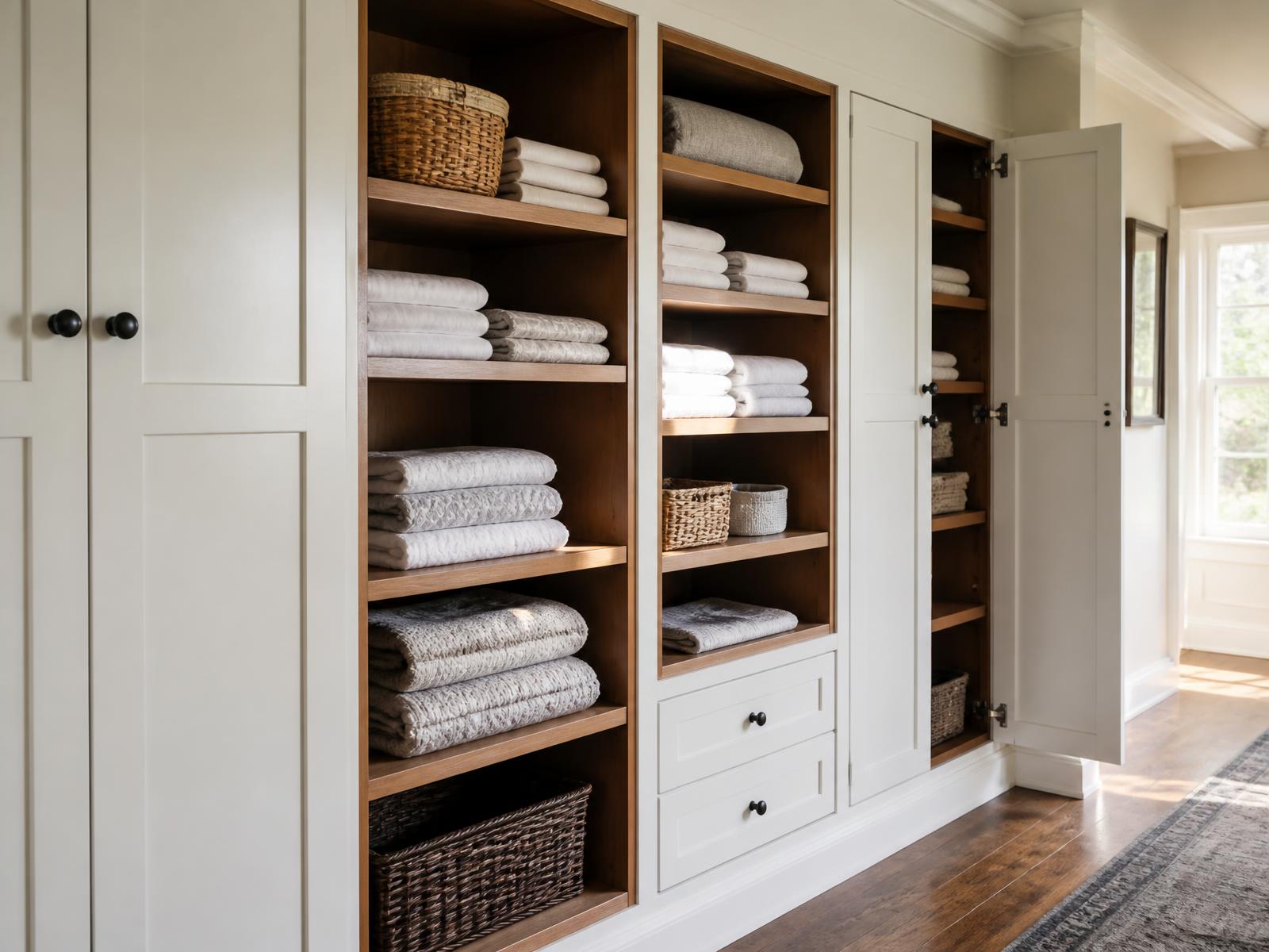 Floor-to-ceiling built-in storage wall with white cabinetry and oak shelves holding folded linens, blankets and baskets