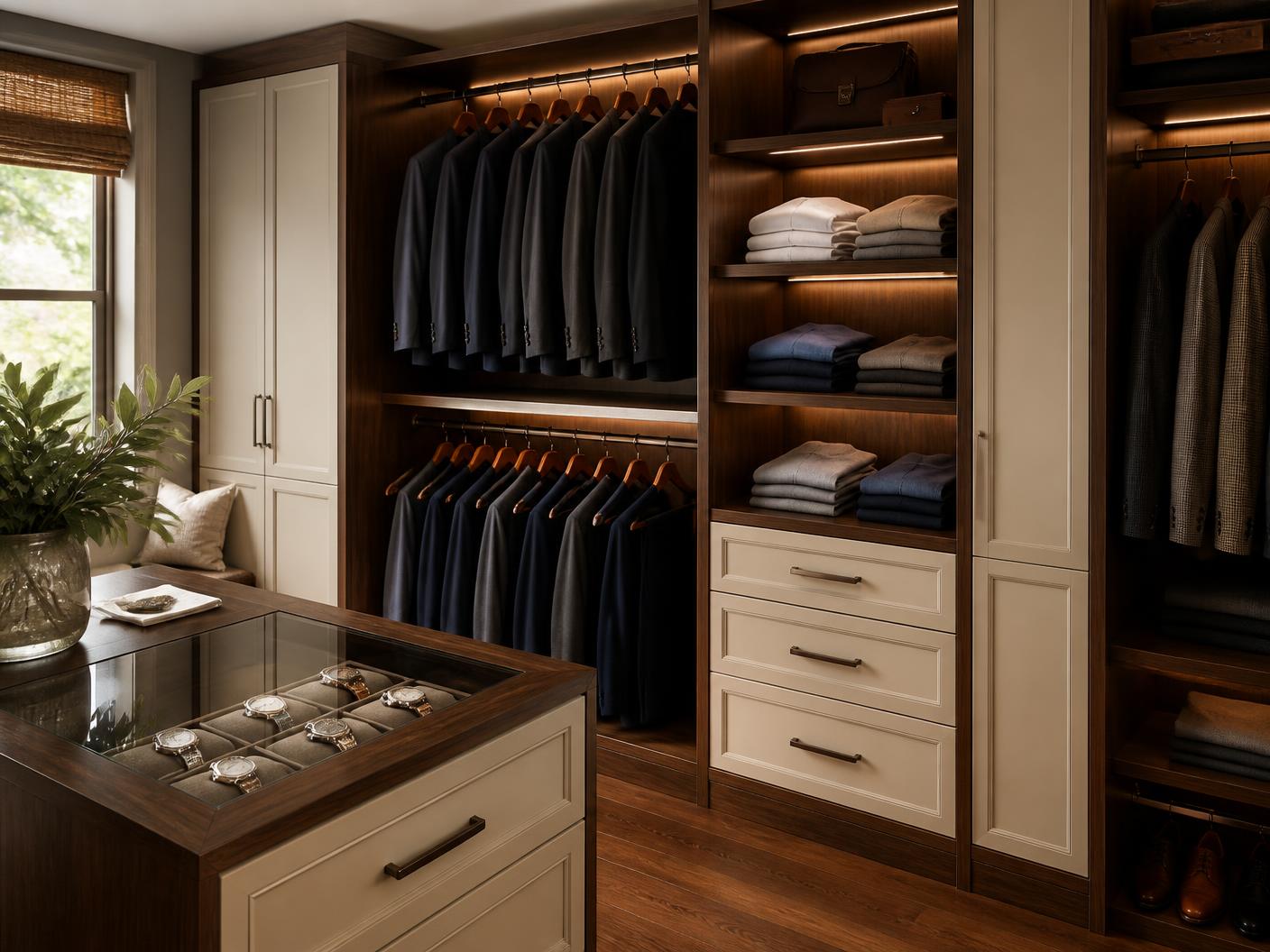 Custom closet mixing walnut cabinetry with cream panels, dark suits and folded shirts