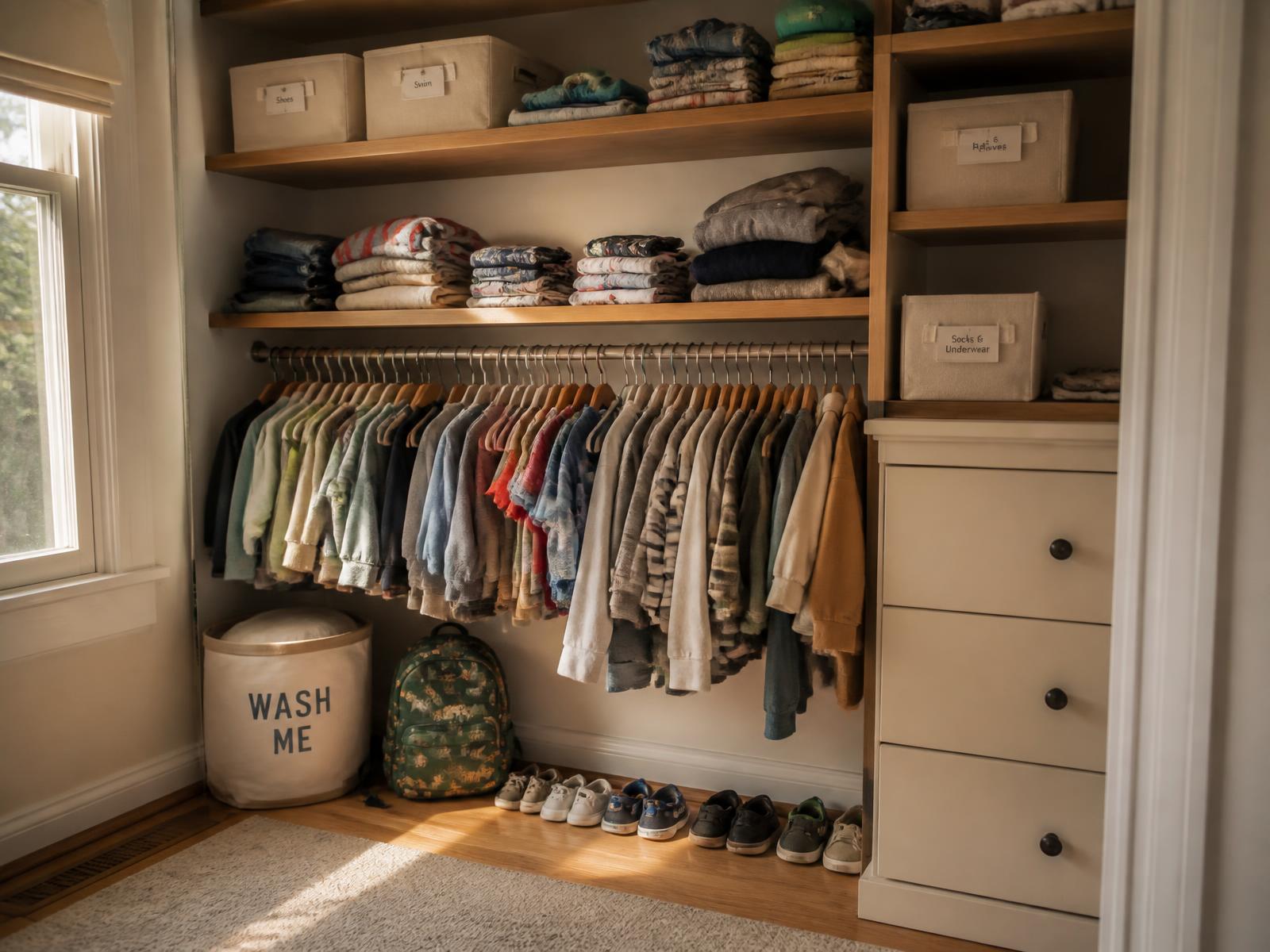 Children's closet with a low hanging rod of mixed clothing, uneven folded stacks, labeled bins, a hamper, backpack and shoes