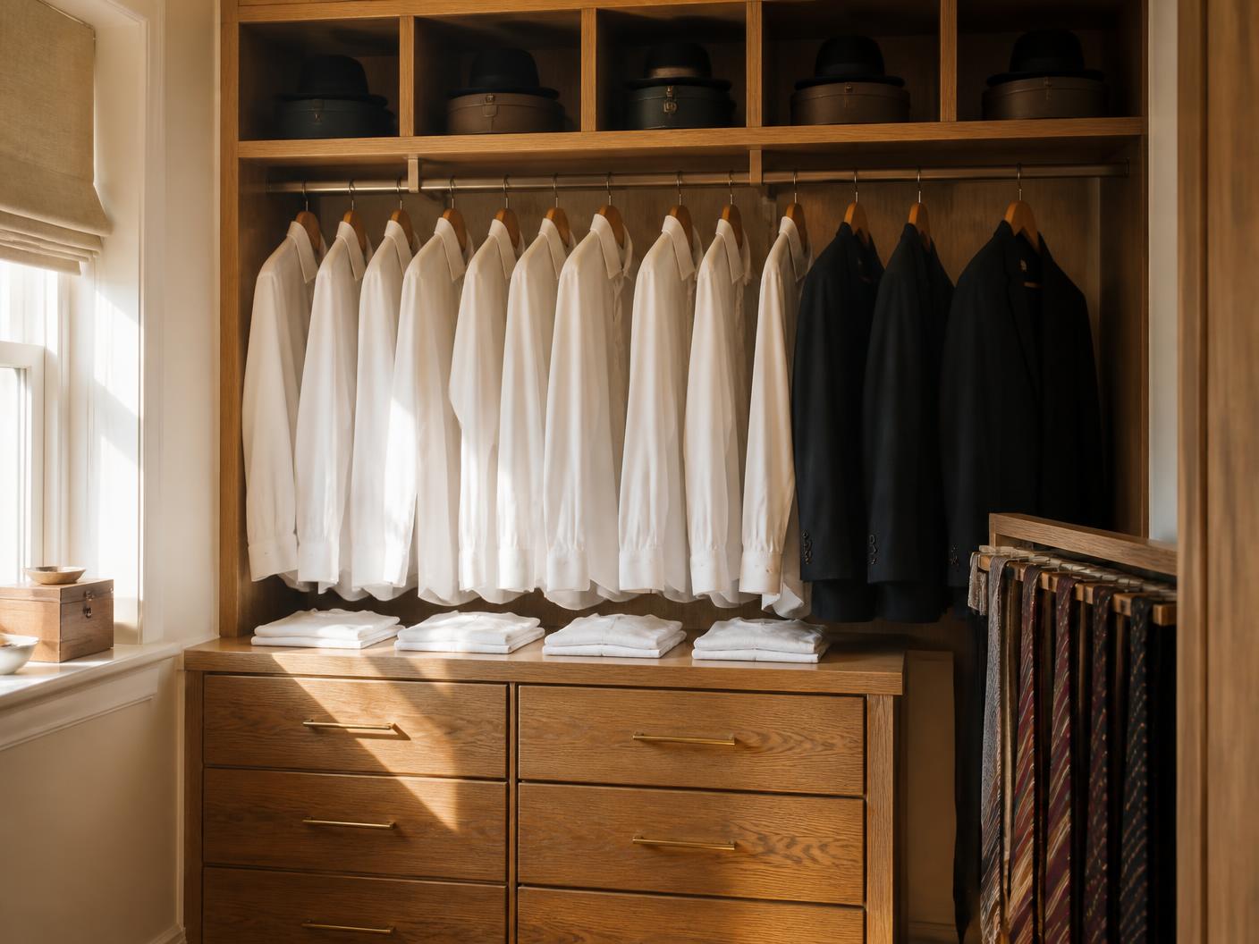 Men's closet with white dress shirts, dark suits, hat boxes, tie rack and an oak drawer bank