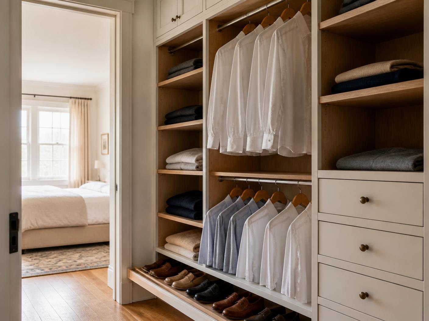 Reach-in closet with double-hung shirts, folded sweaters, drawers and a pull-out shoe shelf