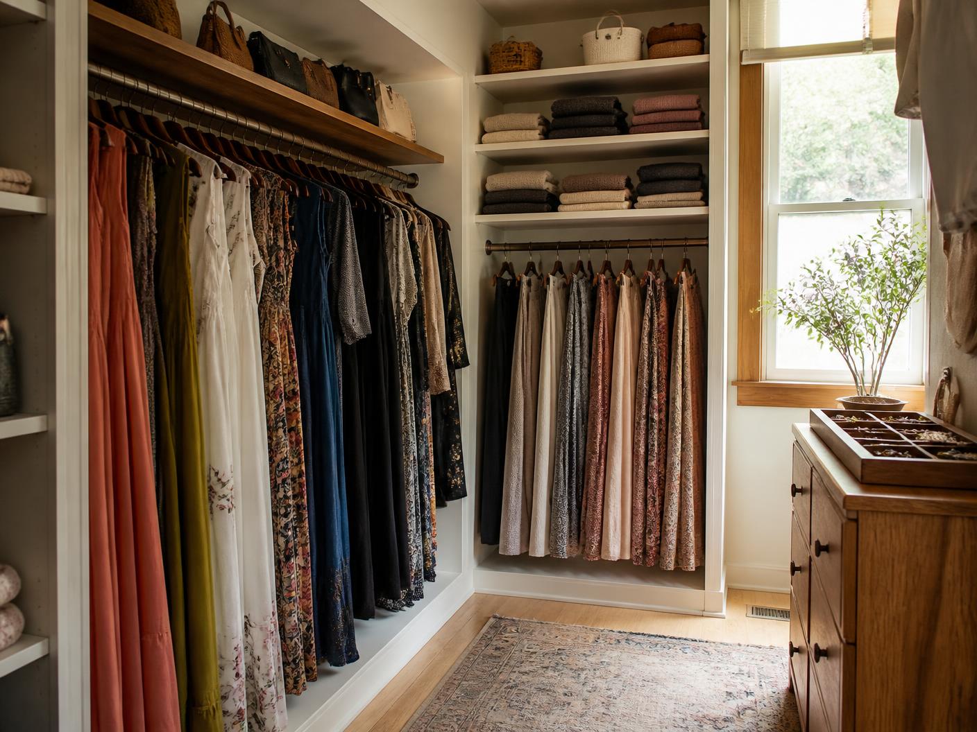 Women's closet with long dresses and skirts hanging full-length beside folded sweaters
