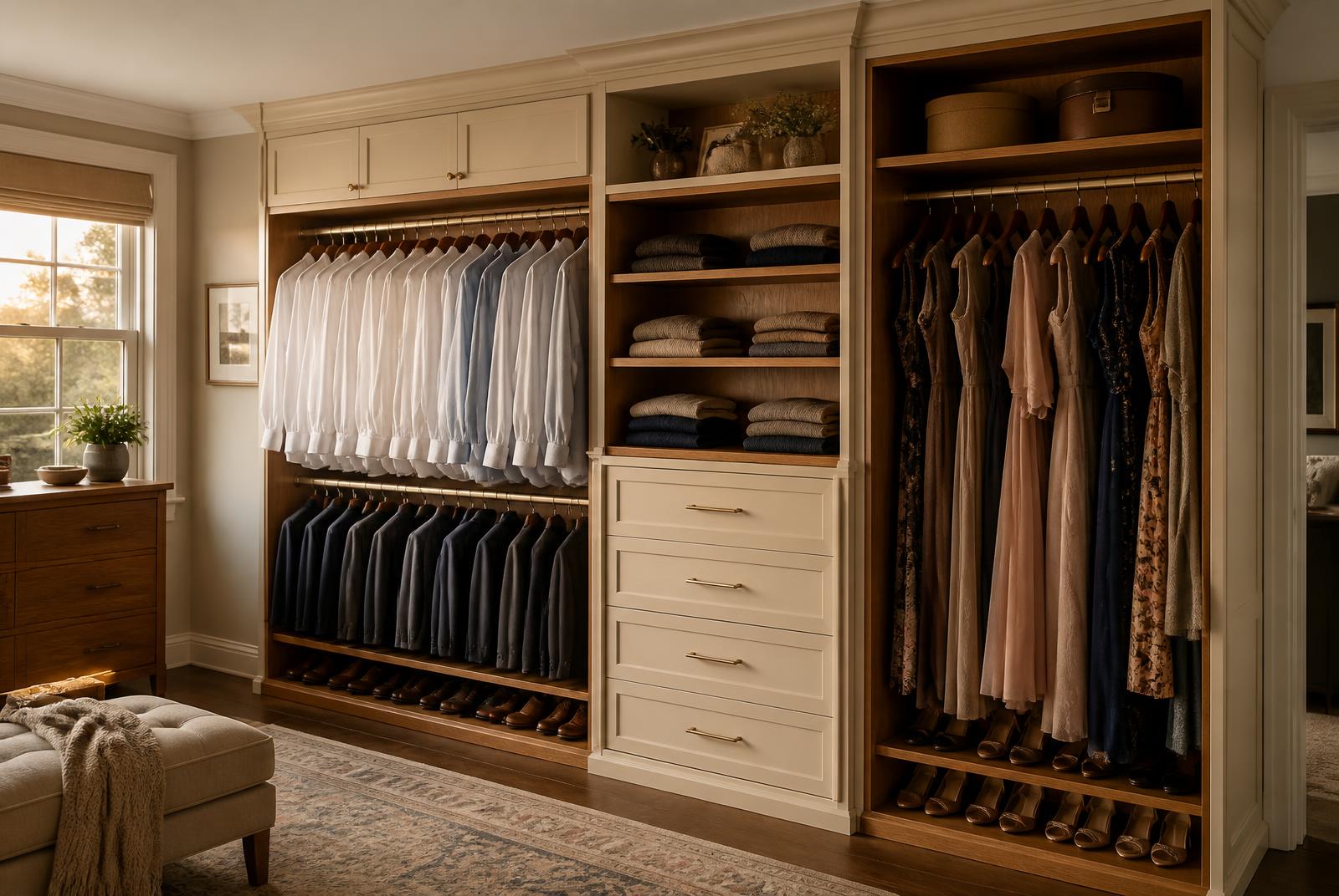 Custom closet with white dress shirts, dark suits, long dresses, folded shelving, drawers and shoe storage