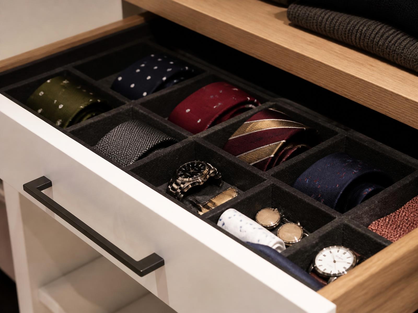 Open closet drawer with a felt-lined divided insert holding rolled ties, watches and cufflinks beside a matte black pull