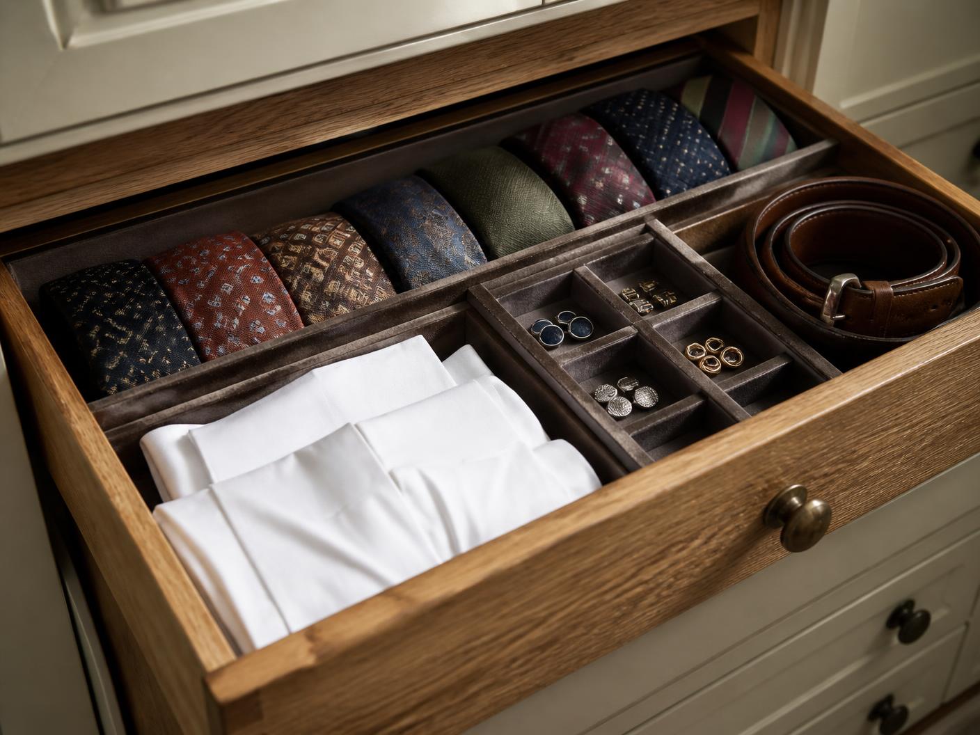 Open oak drawer with lined dividers holding rolled ties, folded shirts and cufflinks
