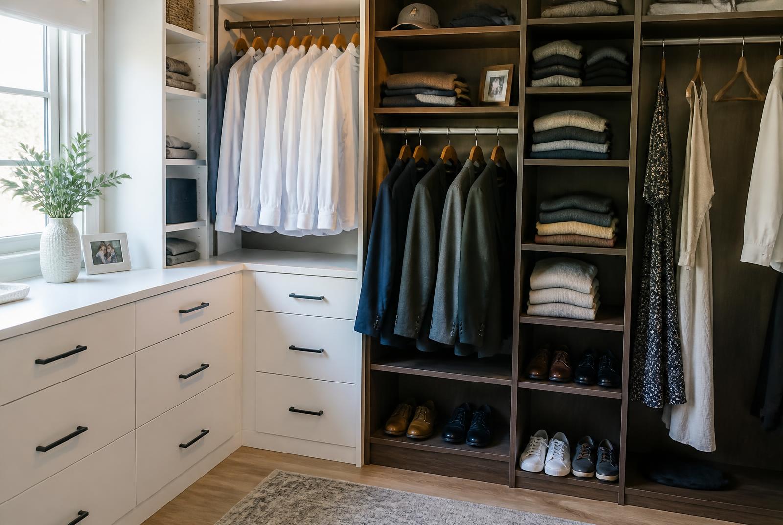 Two-tone custom closet with white drawer cabinetry, black hardware and walnut hanging sections holding shirts, suits and dresses