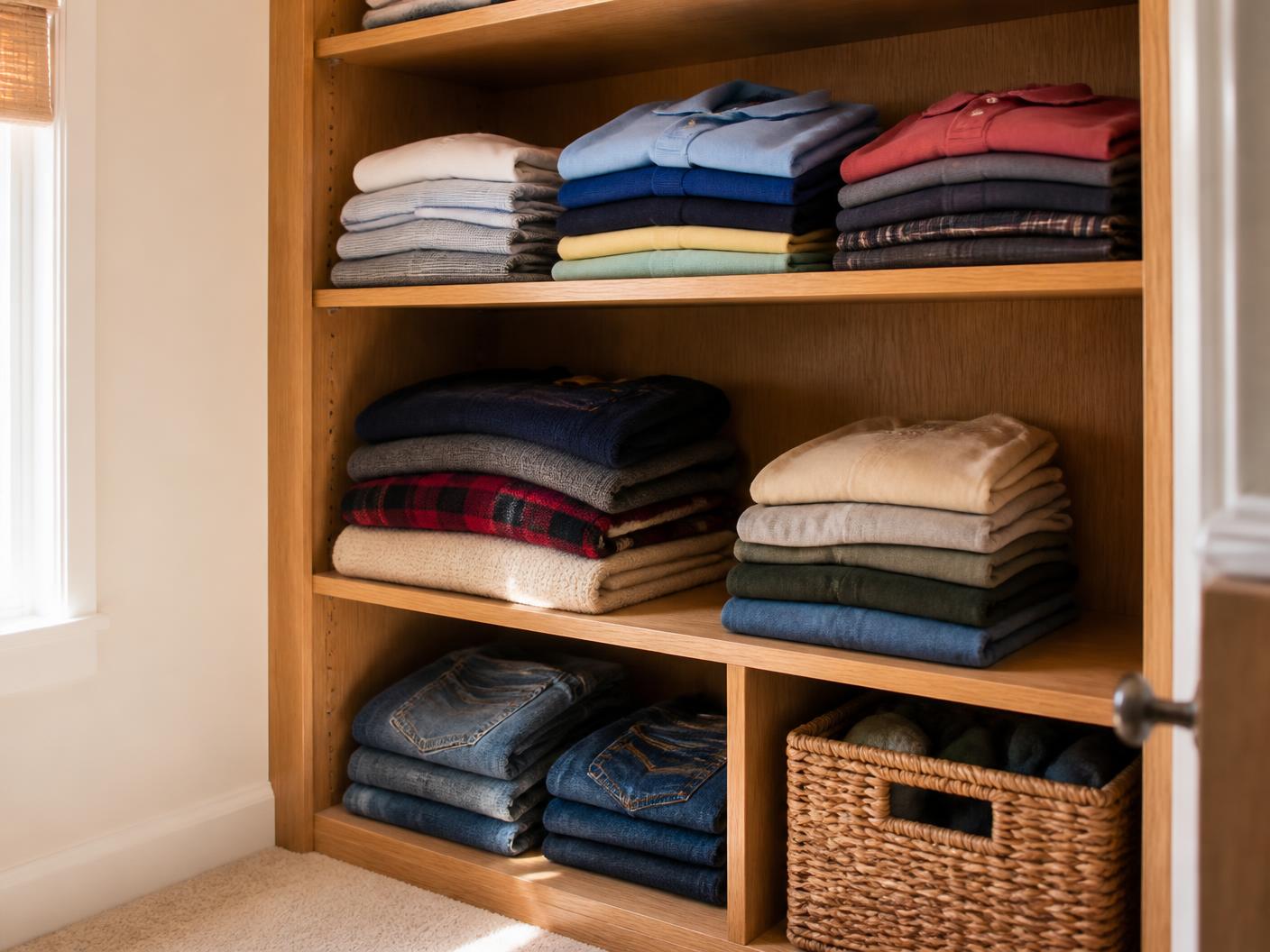 Open oak shelving with folded polos, sweaters and jeans in a closet