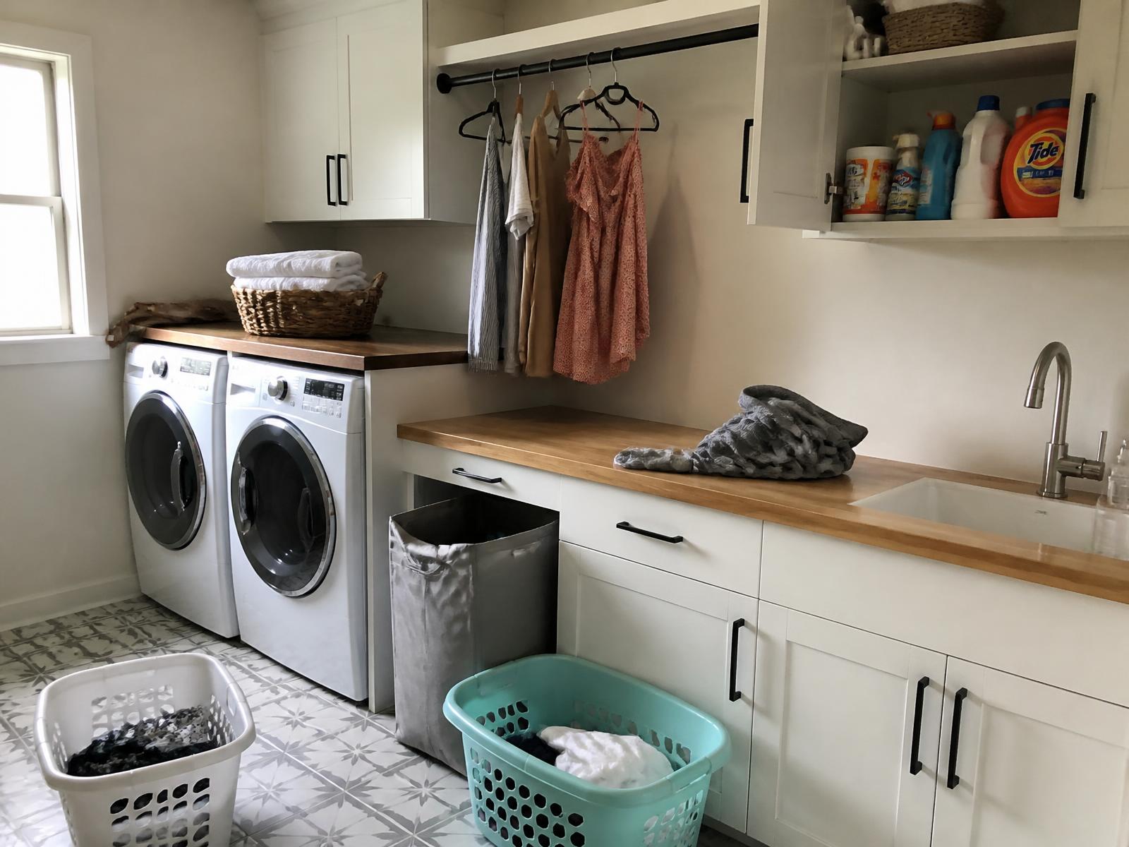 Laundry room with white cabinetry, black hardware, butcher-block folding counter, washer and dryer, hanging rod and utility sink