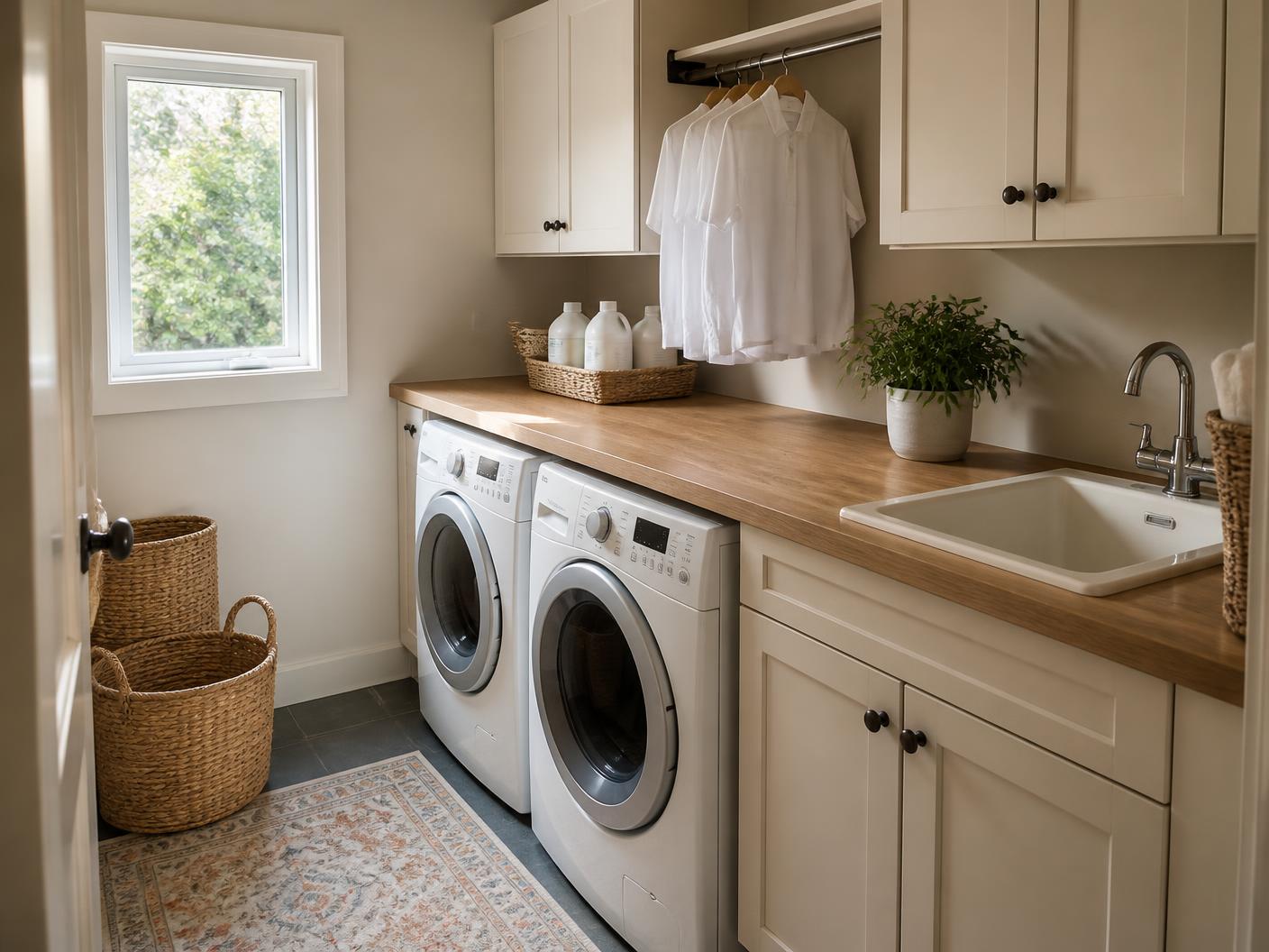 Laundry room with washer and dryer under an oak folding counter, hanging rod, sink and cabinetry