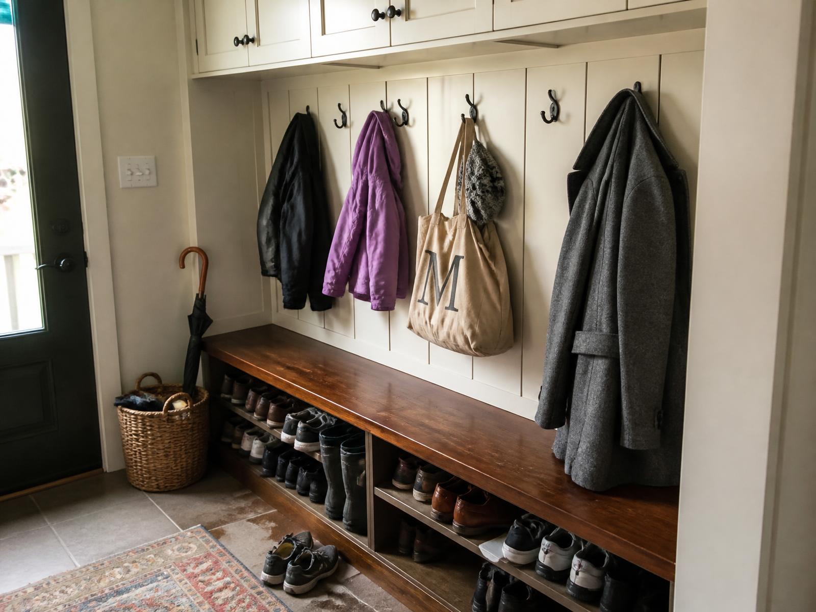 Mud room bench with cream board-and-batten lockers, iron hooks, coats in different sizes, a tote bag, umbrella basket and shoe cubbies