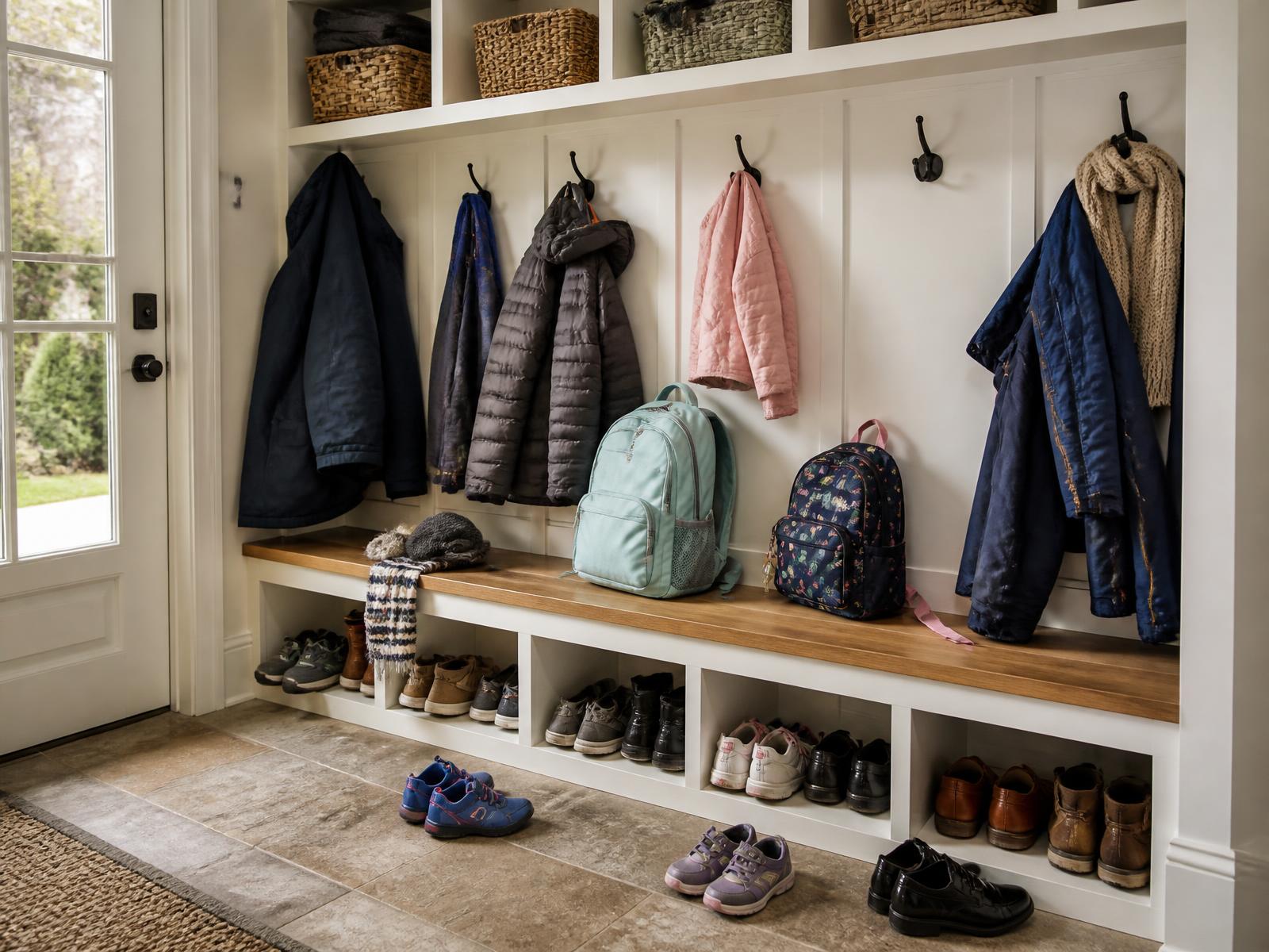 Custom mud room with white built-in cubbies, black hooks, oak bench, coats in different sizes, baskets, backpacks and shoe storage