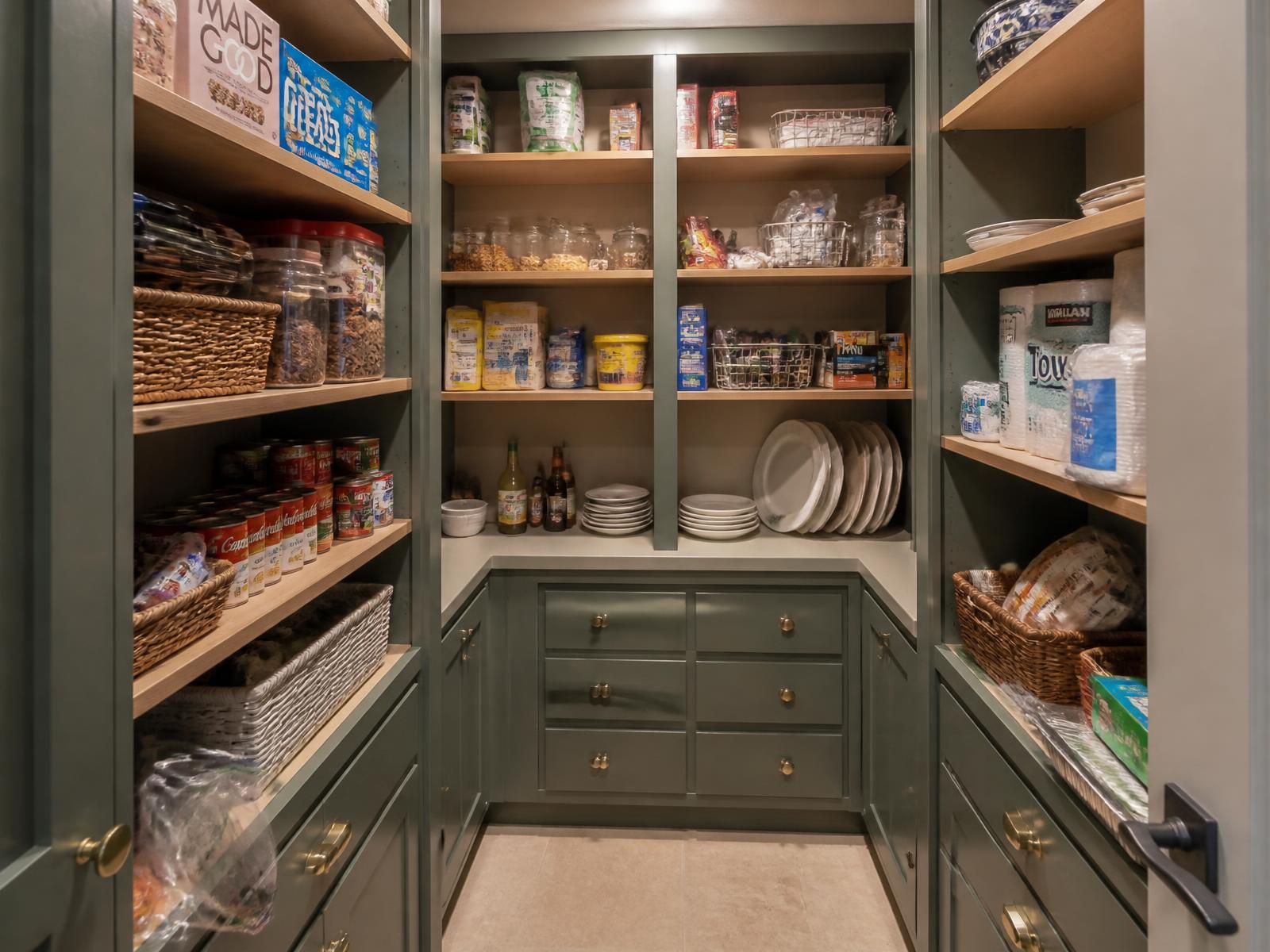 Deep green walk-in pantry with oak shelves holding boxed and canned goods, platters, plates, paper goods and baskets