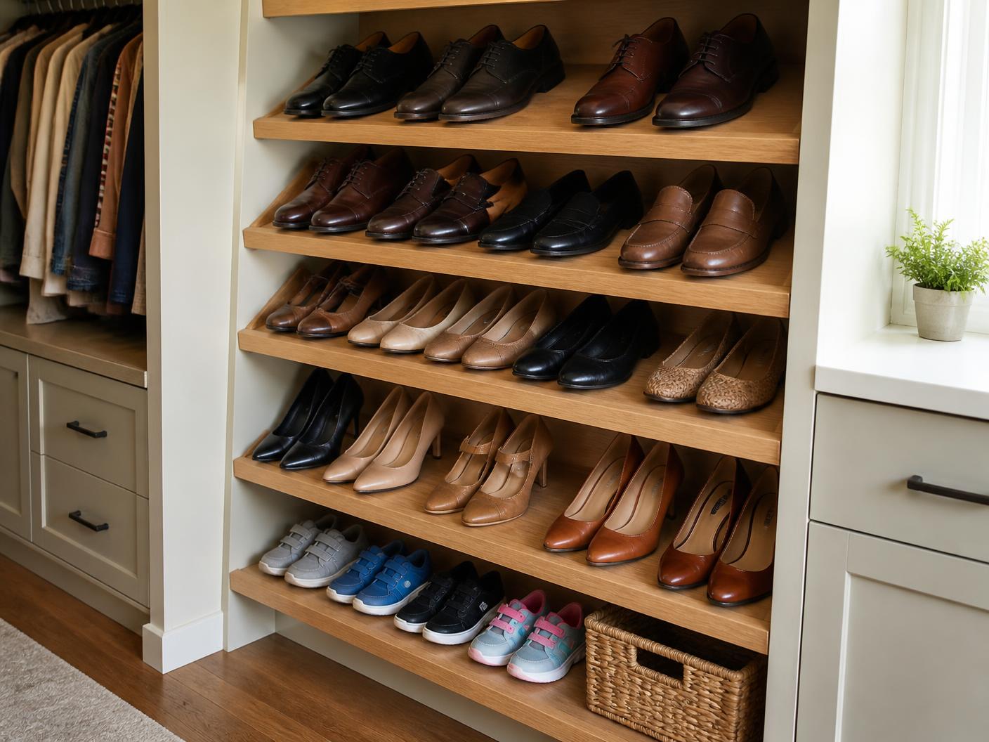 Angled oak shoe shelves with men's dress shoes, women's flats and kids' sneakers