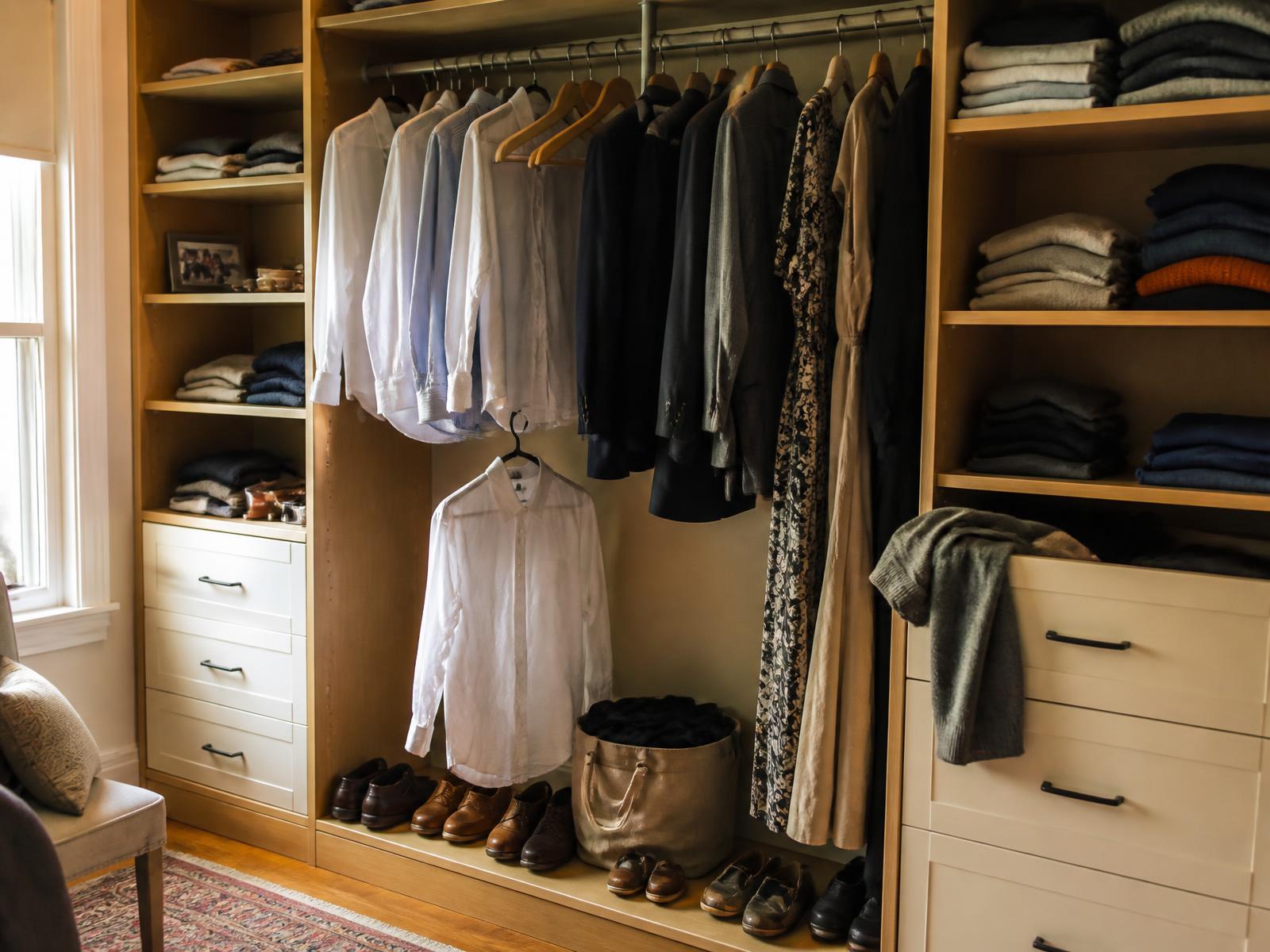 Custom family closet with white and blue dress shirts, dark suit jackets, long dresses, folded sweaters, shoes and cream drawers